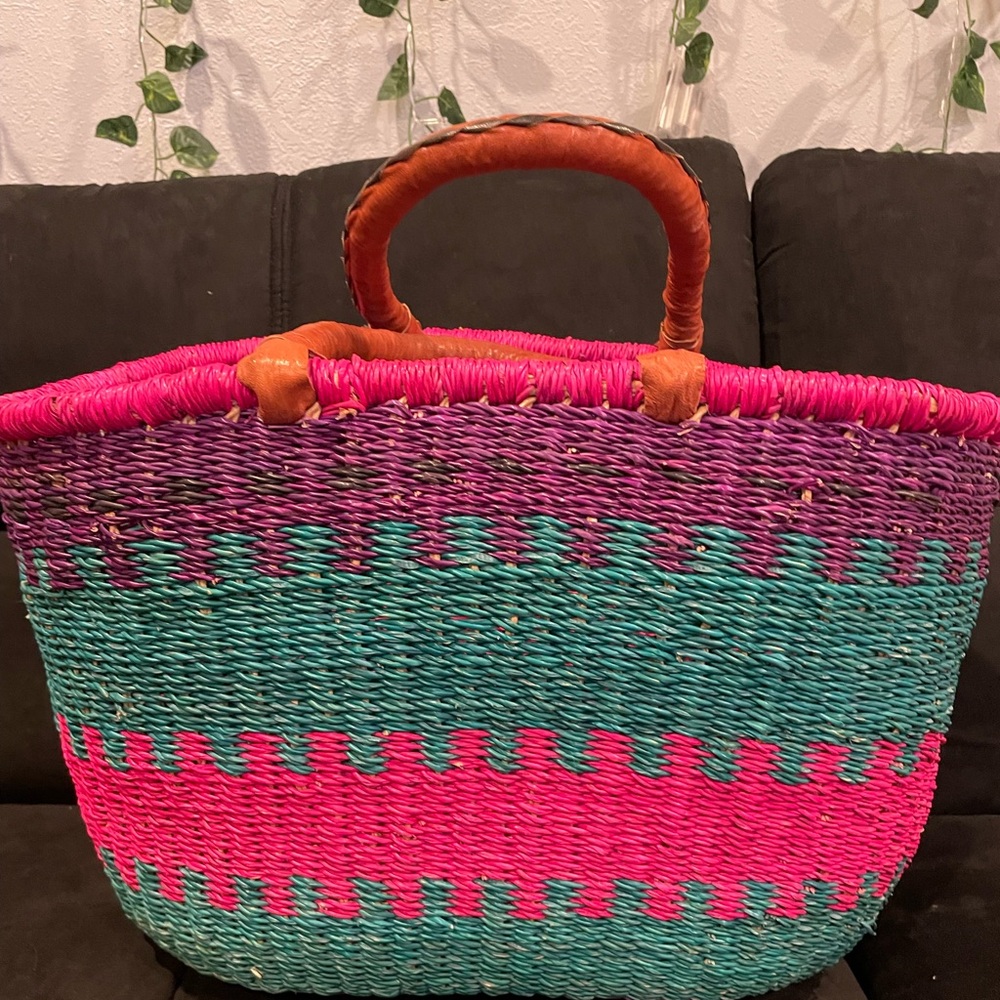 Woven, multicolored basket